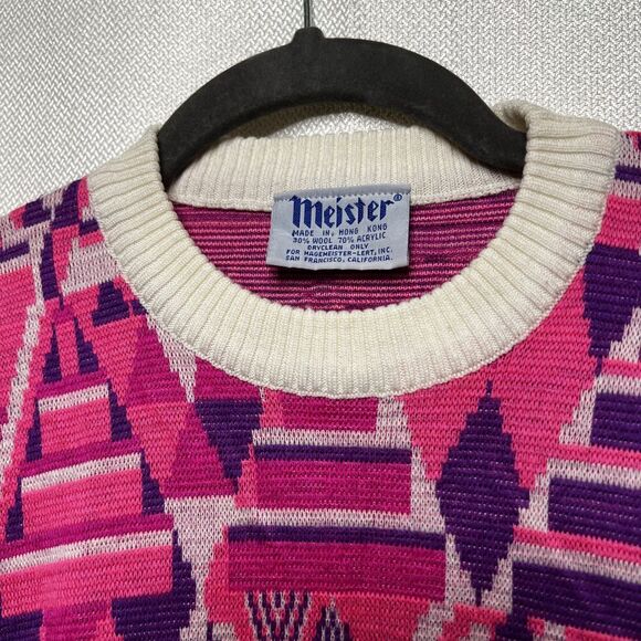 Vintage 80s Meister Sweater | Abstract Geometric Knit | Pink Purple Retro Size M - Picture 4 of 12